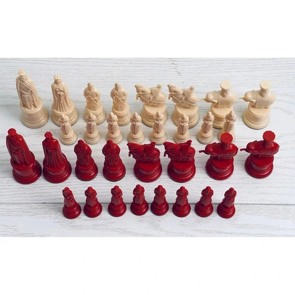 Kingsway Vintage Red & Ivory Chess Pieces Set Complete Royal King Queen Knight - Picture 2 of 16